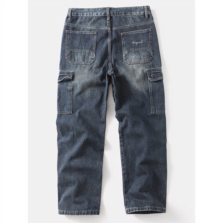 Men's cargo jeans with patch leg pockets and used wash Mune Fashion