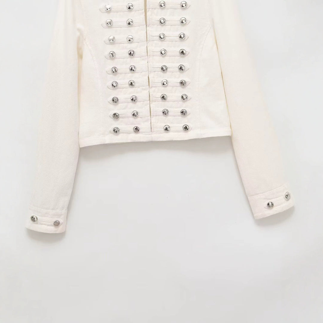 Women's military-style jeans jacket with stand-up collar and decorative button plackets Mune Fashion