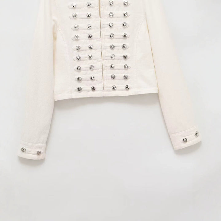 Women's military-style jeans jacket with stand-up collar and decorative button plackets Mune Fashion