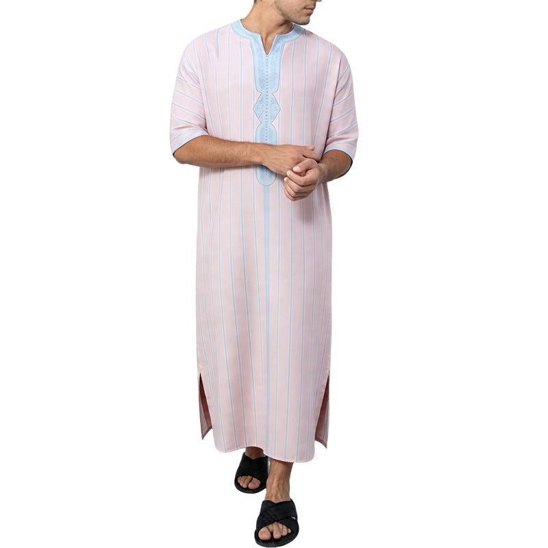 Men's striped Djellaba with decorative chest embroidery and side slit Mune Fashion