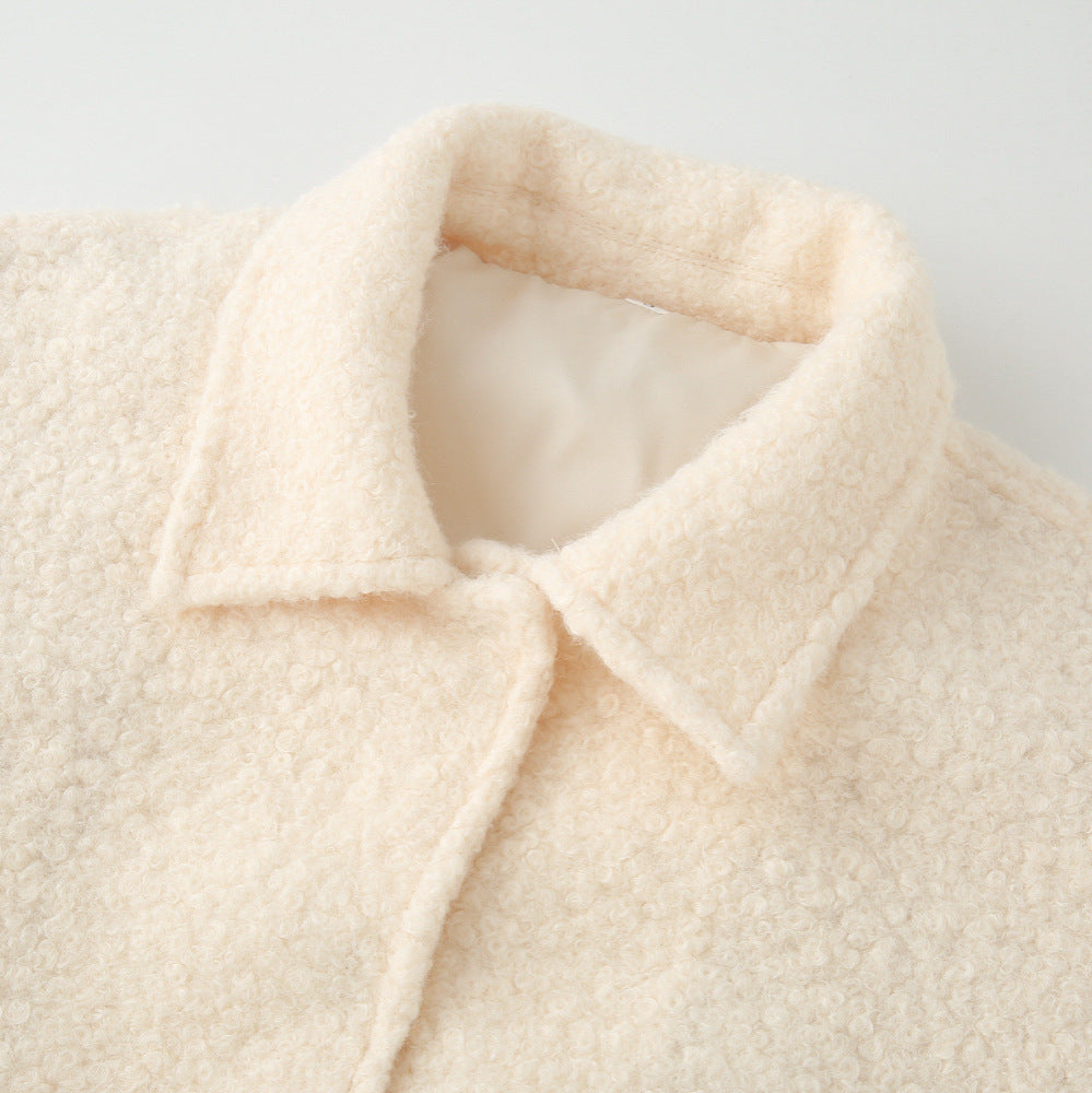 Women's Short Boucle Teddy Jacket with Shirt Collar, Welt Pockets and Elastic Hem Mune Fashion