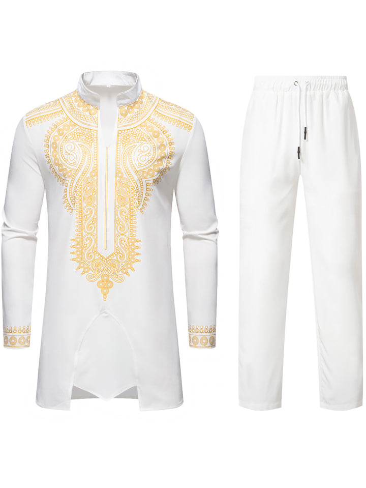 Men's Traditional Embroidered Tunic Set with Mandarin Collar and Elastic Pants Mune Fashion