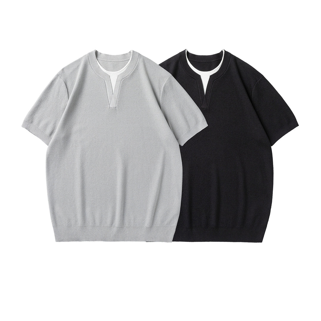 Herren Kurzarm-Strickshirt mit strukturierter Waffeloptik und V-Notch-Kragen Mune Fashion