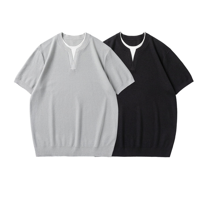 Herren Kurzarm-Strickshirt mit strukturierter Waffeloptik und V-Notch-Kragen Mune Fashion