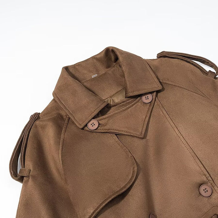 Women's Elegant Long Waist Trench Coat with Double-Breasted Button Placket and Flared Hem Mune Fashion