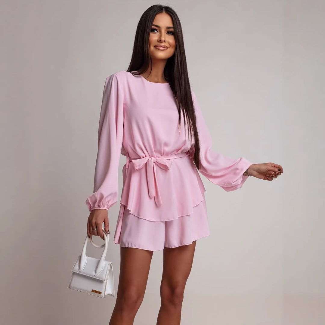 Women's short dress with flounce skirt, waist tie belt, and balloon sleeves Mune Fashion