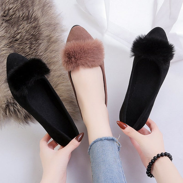 Women's pointed ballerina with faux velvet upper material, faux fur pompon, and metallic heel appliqué Mune Fashion