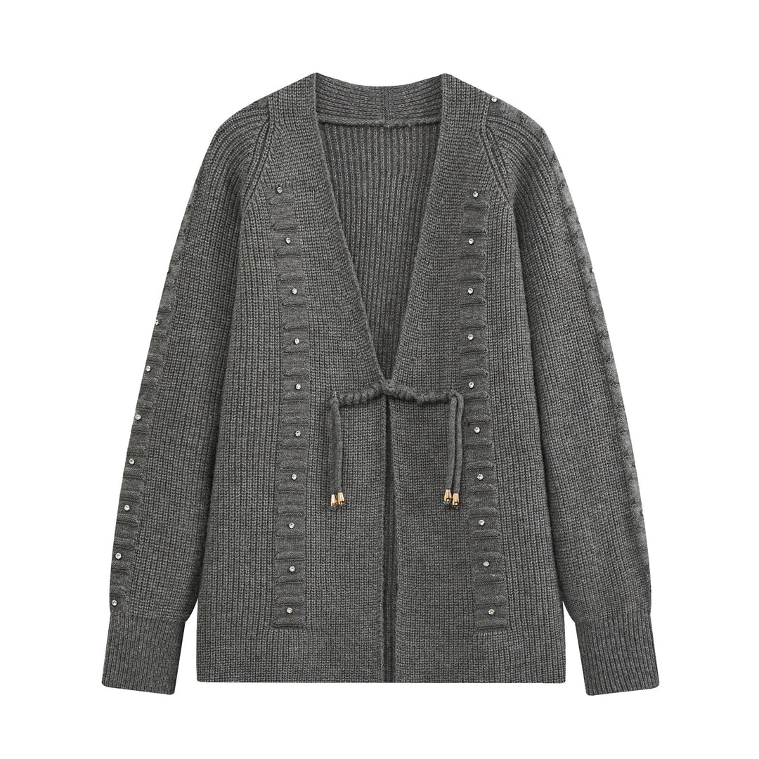 Ladies chunky knit cardigan with rhinestone trim, braided cord, and open V-neck Mune Fashion