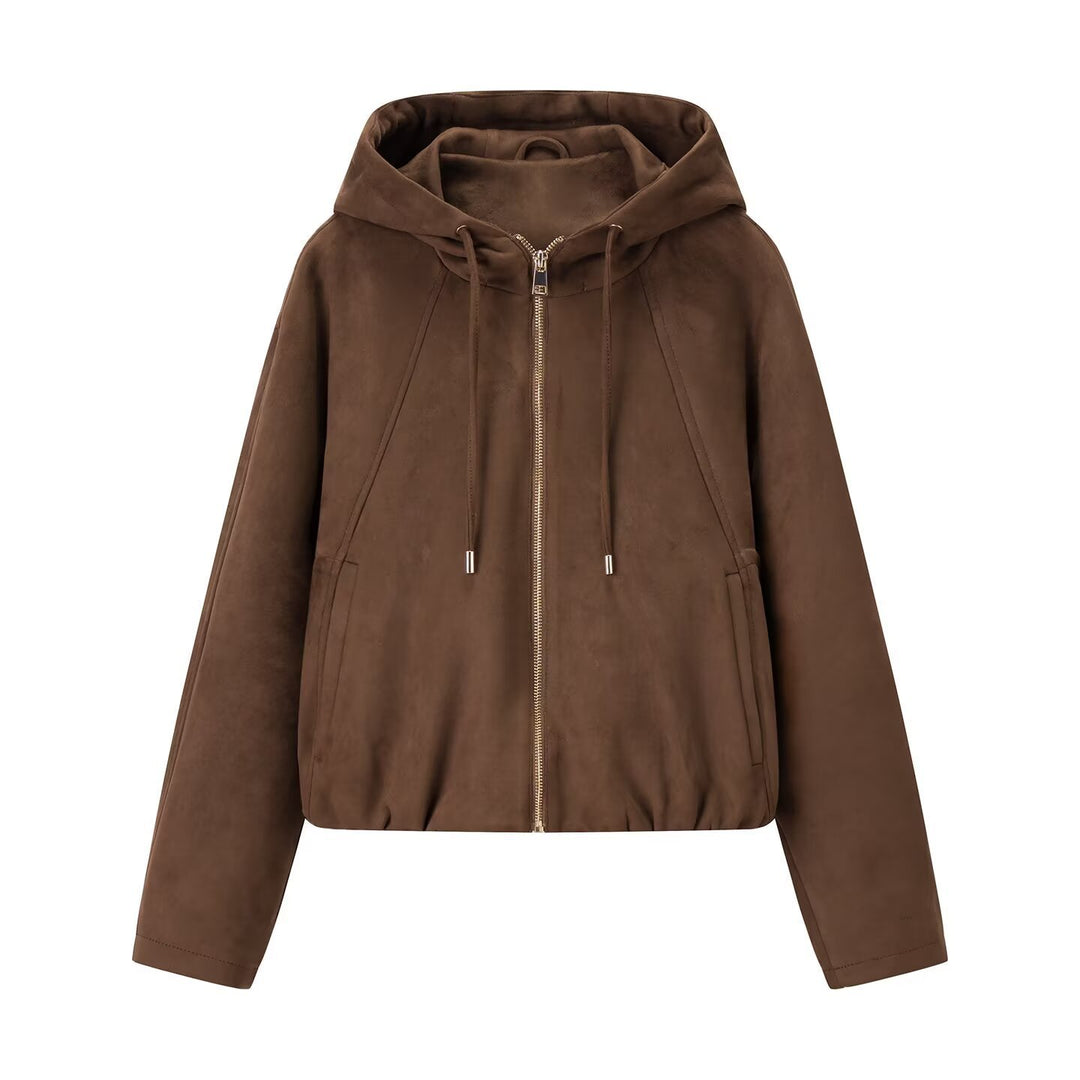Women's short jacket in suede look with hood, drawstring, and zipper Mune Fashion