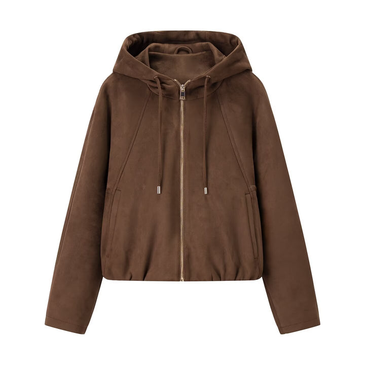 Women's short jacket in suede look with hood, drawstring, and zipper Mune Fashion