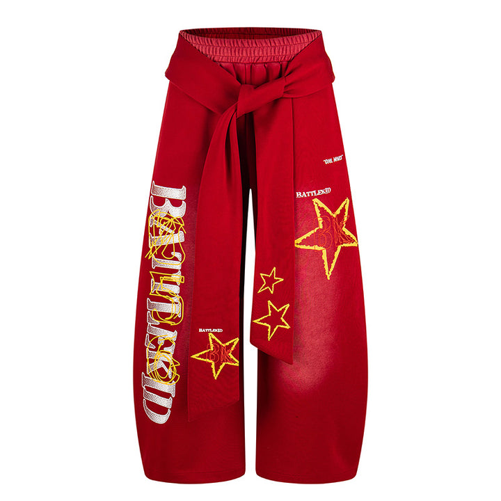 Ladies Wide Palazzo Culotte Pants with Integrated Tie Belt and Star Graphic Mune Fashion