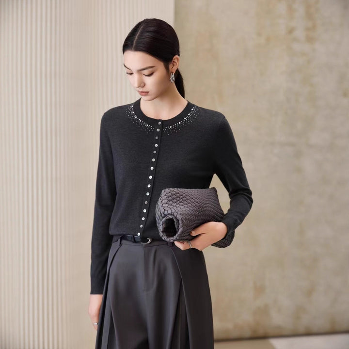 Women Fine Fine Knit Cardigan with Bead Decor at Crew Neck