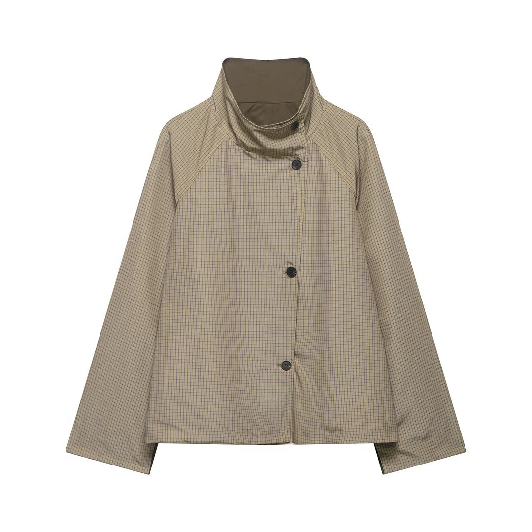 Men's short water-repellent transitional jacket with high stand-up collar, asymmetrical button placket, and raglan sleeves Mune Fashion