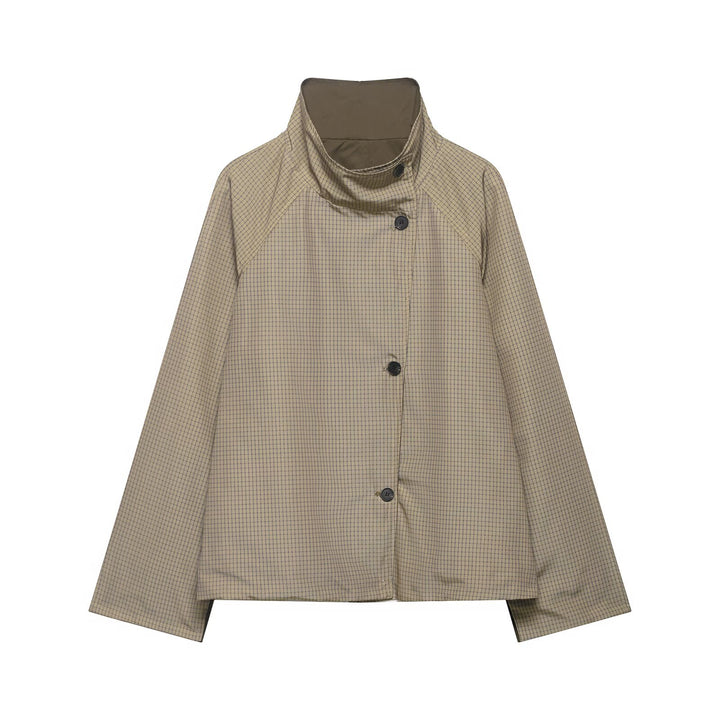 Men's short water-repellent transitional jacket with high stand-up collar, asymmetrical button placket, and raglan sleeves Mune Fashion