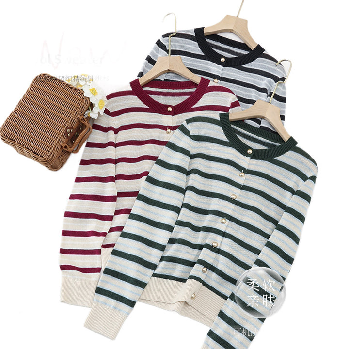 Women Lightweight Striped Cardigan made of Cotton Blend with Pearl Snap Buttons and Ribbed Cuffs Mune Fashion
