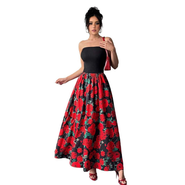 Ladies strapless maxi dress with fitted bandeau top and flared rose print skirt Mune Fashion