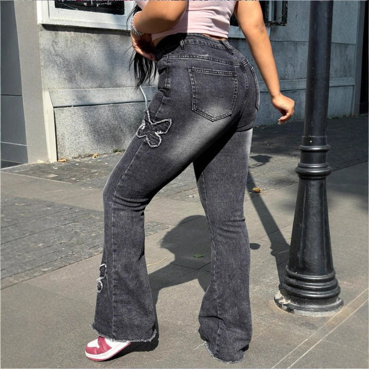 Ladies High-Waisted Flared Jeans with Butterfly Embroidery, Raw Hem and Sculpting Stretch Waistband Mune Fashion
