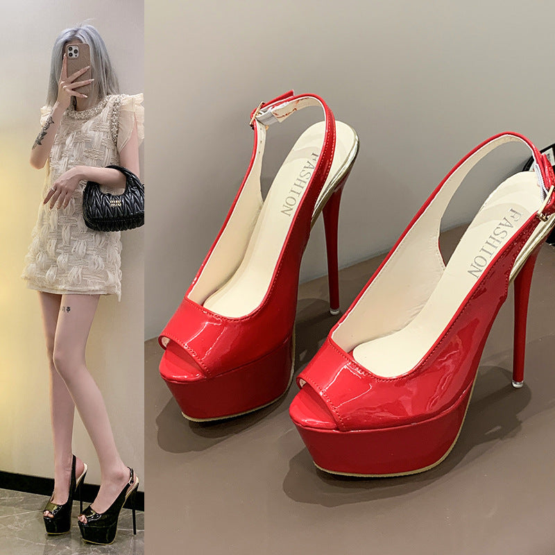Ladies Platform Peeptoe Slingback with High Stiletto Heel and Patent Look Mune Fashion