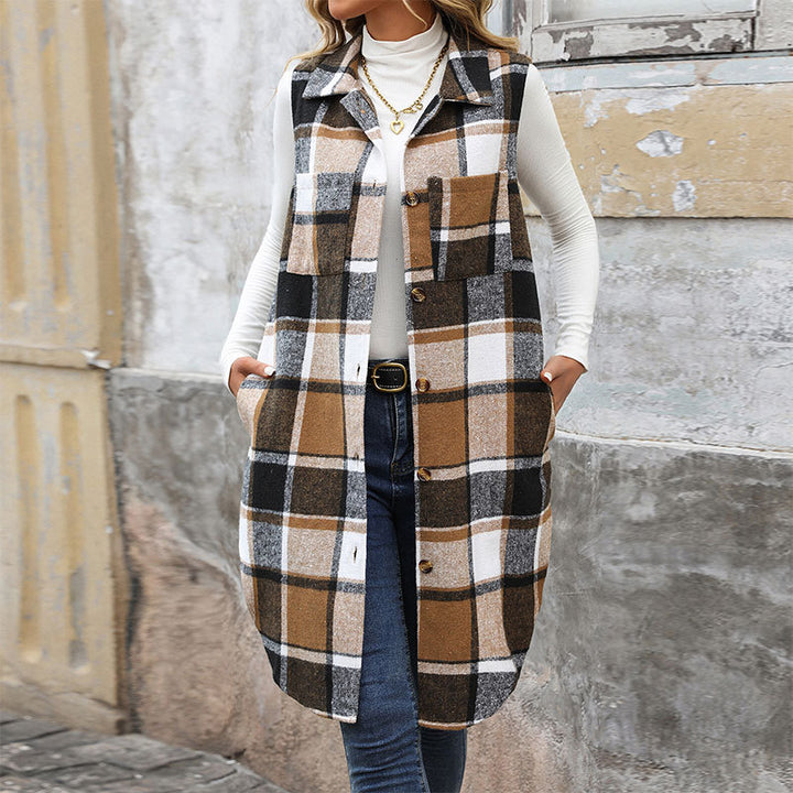 Women's Sleeveless Checkered Long Vest with Shirt Collar Mune Fashion