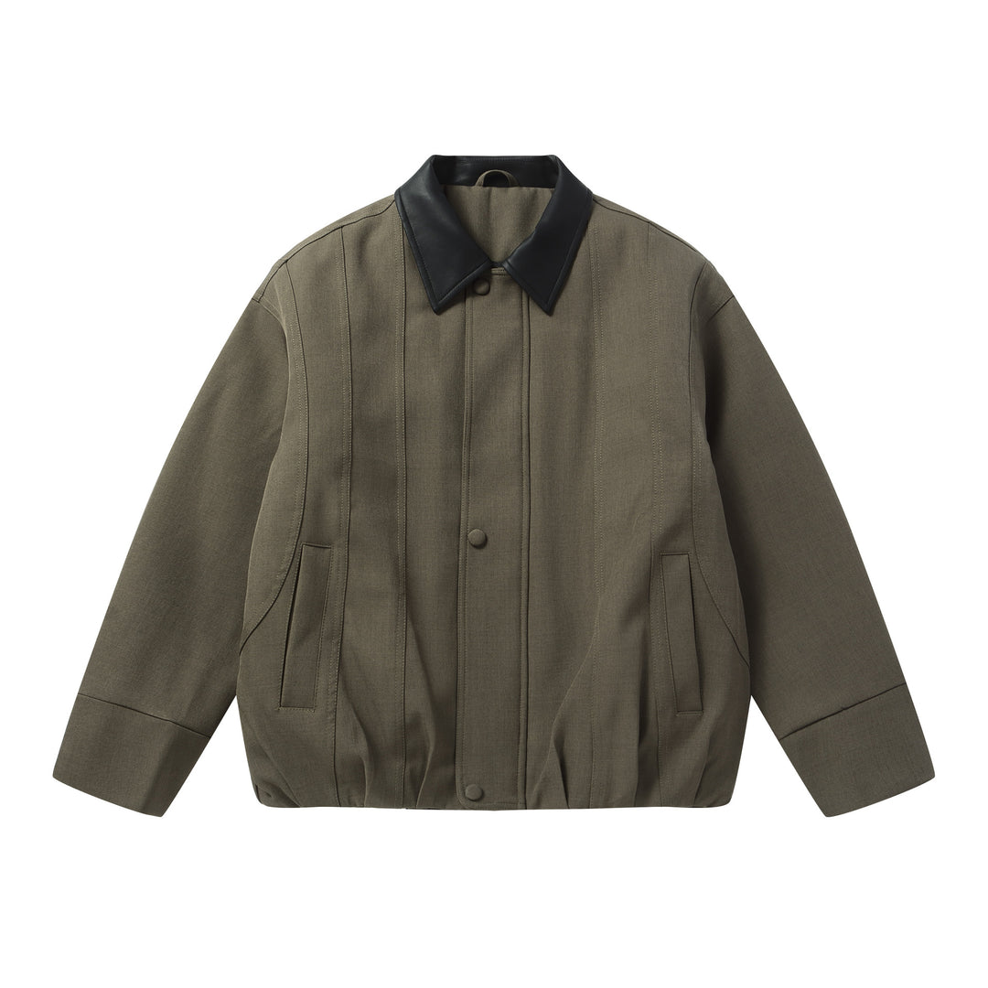 Men's Short Boxy Workwear Blouson with Leather Collar and Vertical Quilting Mune Fashion