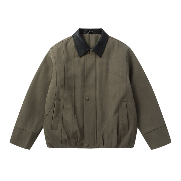 Men's Short Boxy Workwear Blouson with Leather Collar and Vertical Quilting Mune Fashion