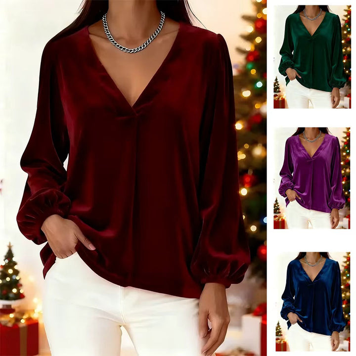 Women's Elegant Velvet Blouse with V-Neck Mune Fashion