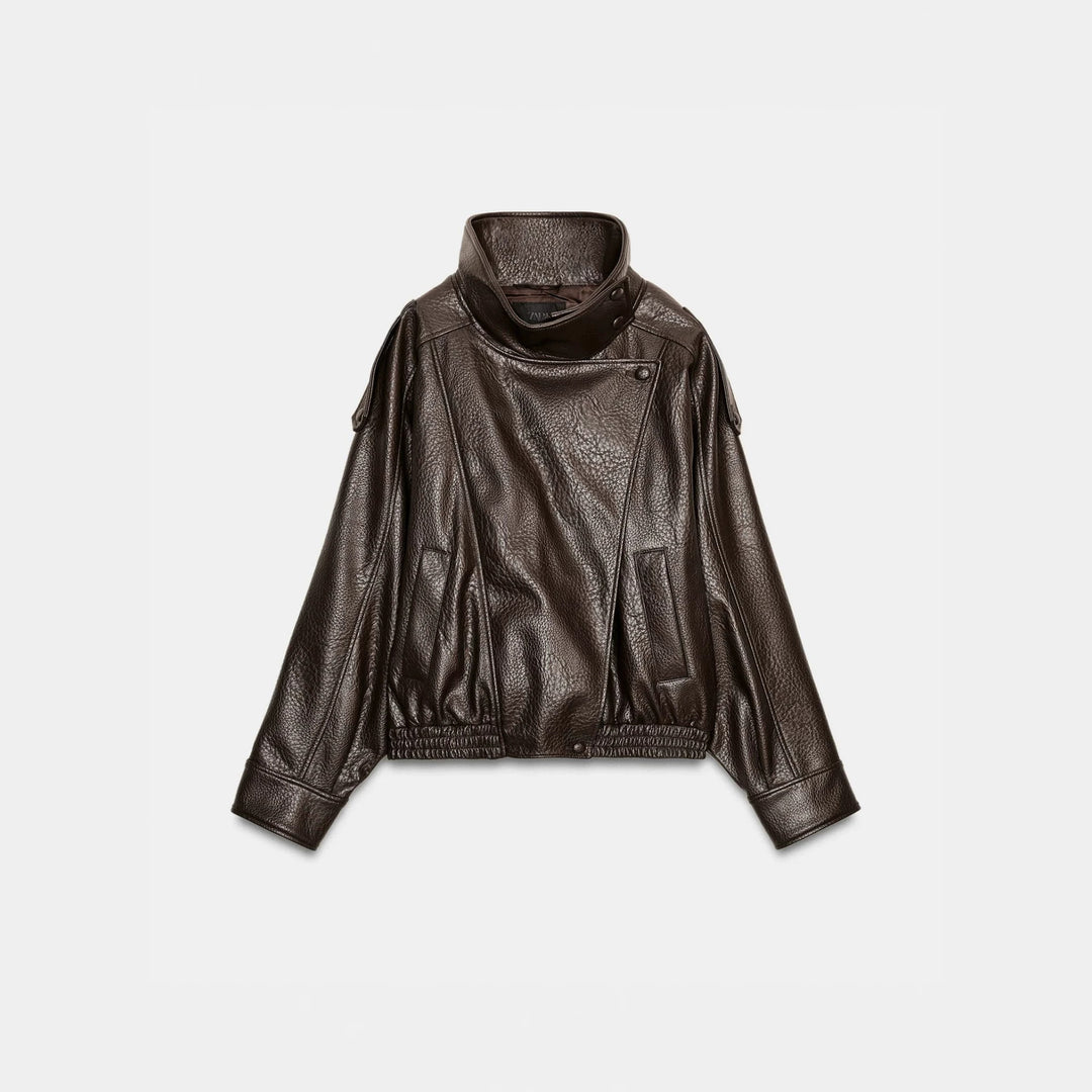 Men's short-cut leather jacket with high stand-up collar and ribbed hem Mune Fashion