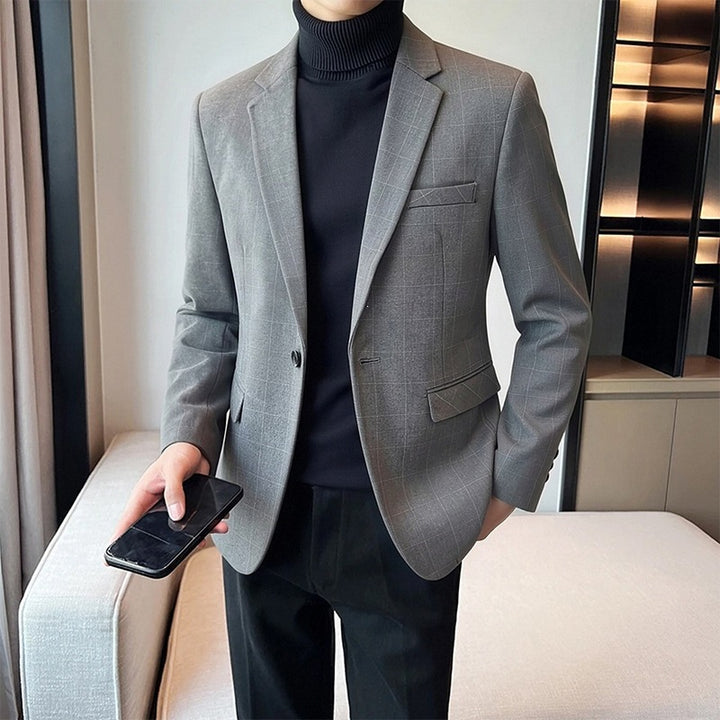 Men's pinstripe suit jacket with a slim fit, two-button closure & chest pocket Mune Fashion