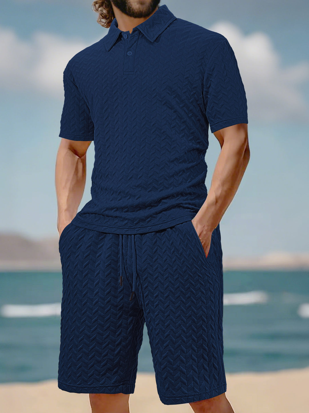 Men's embossed beach ensemble with open short sleeve shirt and cord Bermuda Mune Fashion