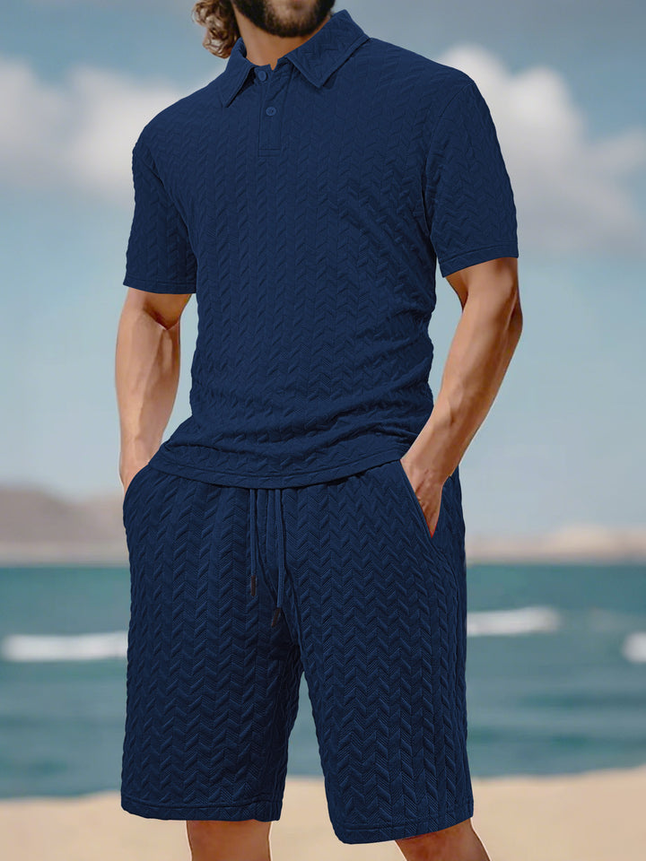 Men's embossed beach ensemble with open short sleeve shirt and cord Bermuda Mune Fashion