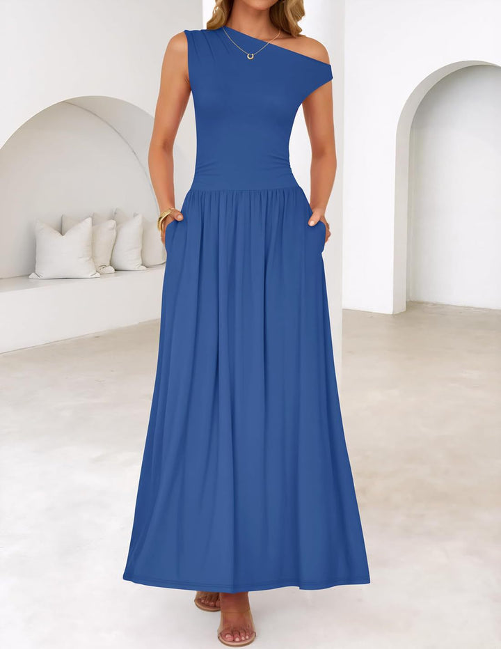 Women Asymmetrical Maxi Dress with One-Shoulder, Waist Emphasis and Side Pockets Mune Fashion