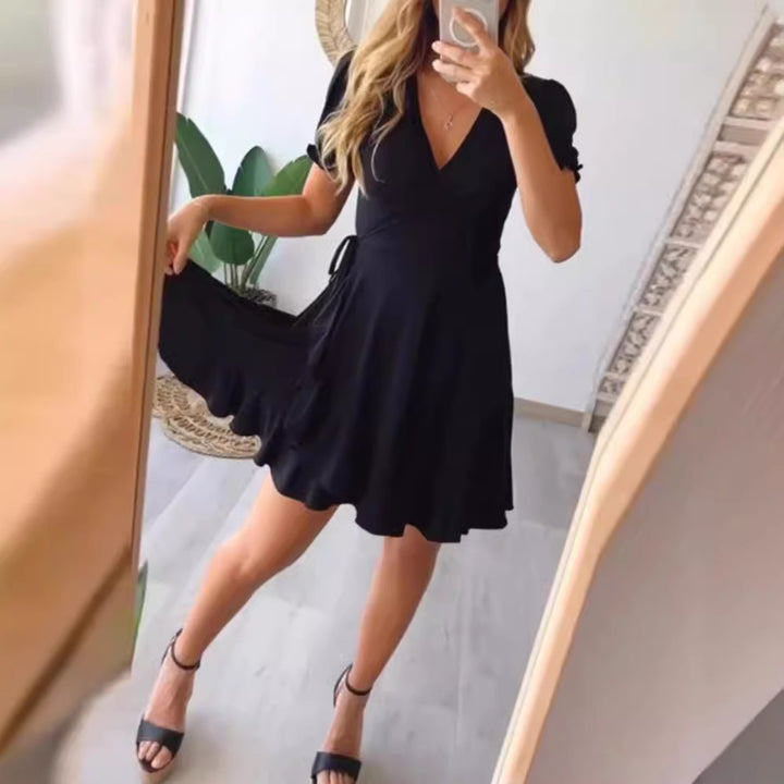 Women’s light wrap dress with V-neck, short sleeves, waist tie, and flounce skirt Mune Fashion