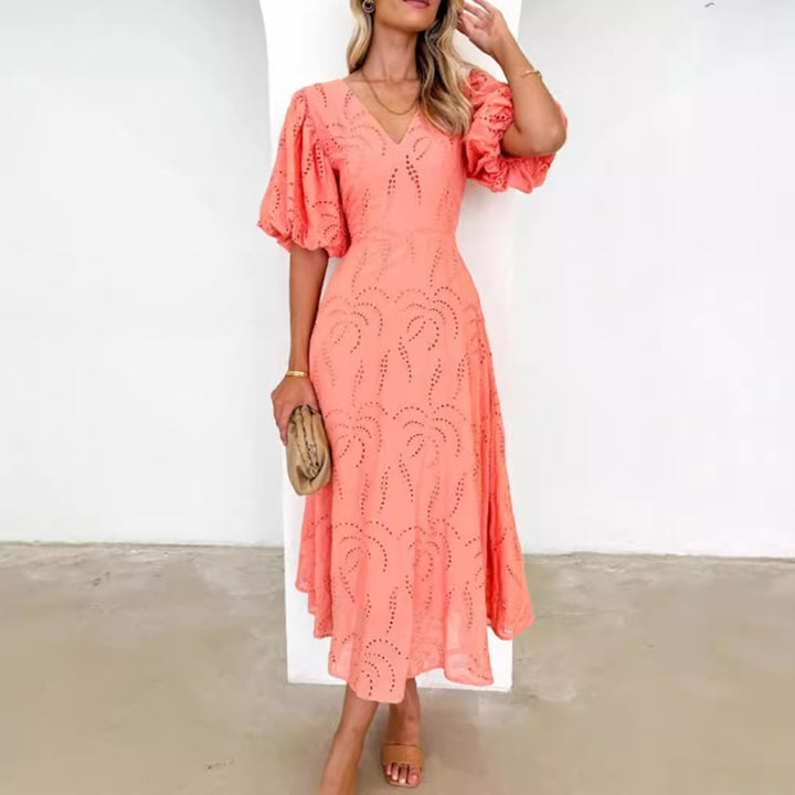 Women’s tailored mid-length dress with embroidery eyelet and voluminous balloon sleeves Mune Fashion