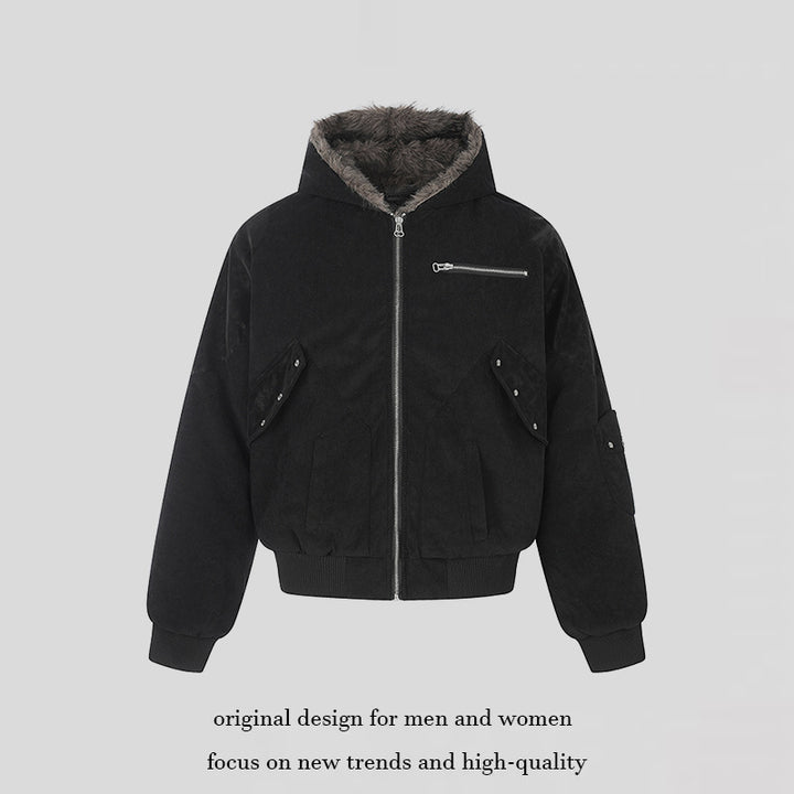Ladies Oversize Velvet Bomber Jacket with Hood, Faux Fur Lining and Zipper Front Mune Fashion