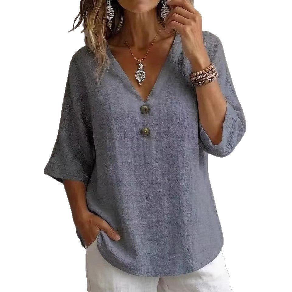 Women's Casual V-Neck Top with Button Details Mune Fashion