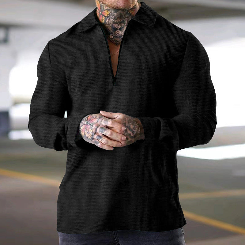 Men's narrow half-zip polo with waffle texture open Kent collar and clean minimal design Mune Fashion