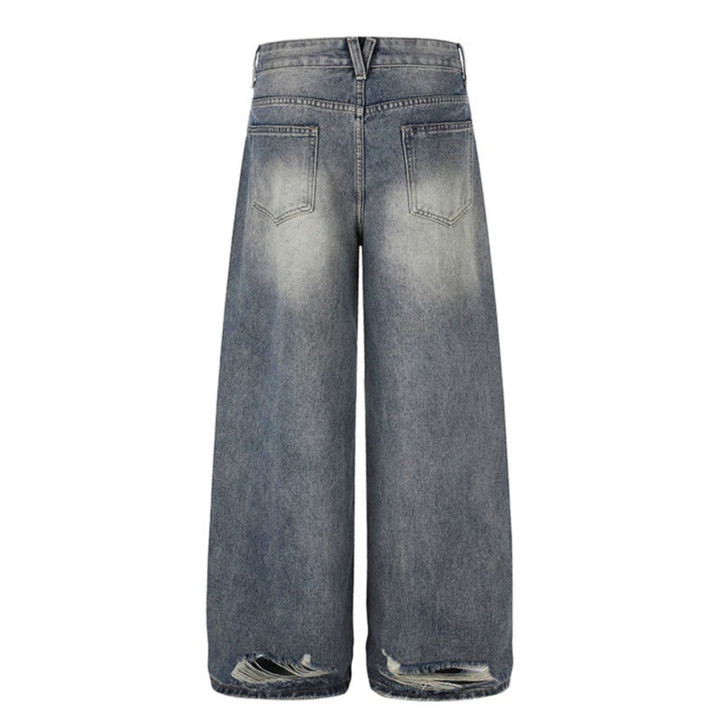 Women's Wide Destroyed Denim Culotte Jeans with High Waist and Used Effect