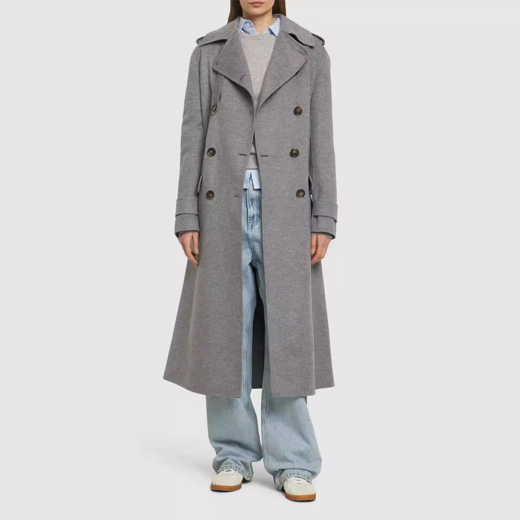 Women Mid-length Tailored Double-breasted Trench Coat made of Wool Blend with Flared Hem Mune Fashion