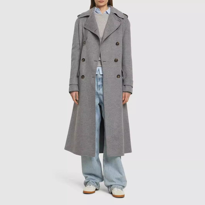 Women Mid-length Tailored Double-breasted Trench Coat made of Wool Blend with Flared Hem Mune Fashion