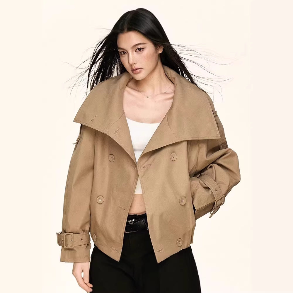 Women Oversized Double-Breasted Trench Bomber Jacket with High Stand-Up Collar Mune Fashion