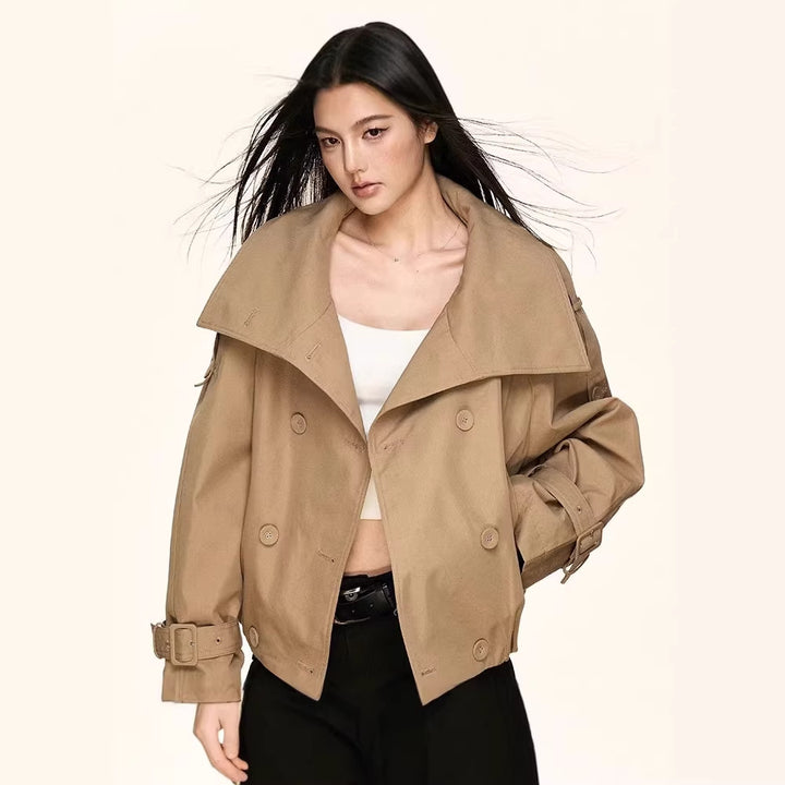 Women Oversized Double-Breasted Trench Bomber Jacket with High Stand-Up Collar Mune Fashion