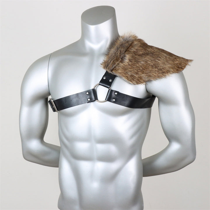 Men's asymmetrical shoulder harness with faux fur shoulder cape and adjustable leather straps Mune Fashion