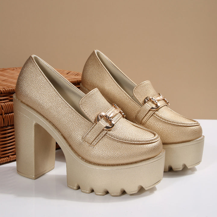 Women's Chunky Platform Loafer with High Block Heel and Decorative Bit Mune Fashion