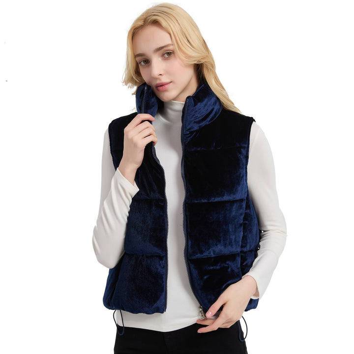 Women's quilted velvet insulation vest with high stand-up collar and adjustable drawstring hem Mune Fashion