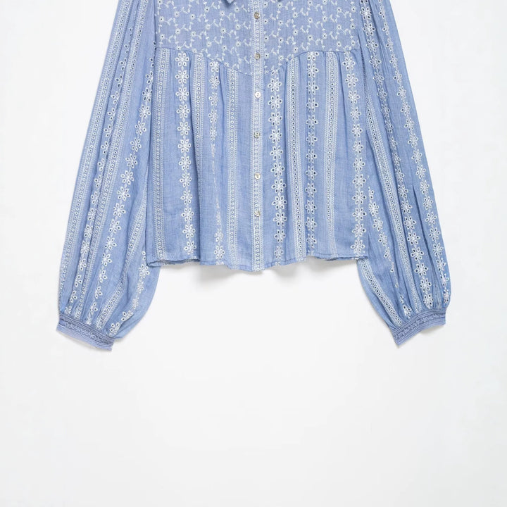 Women's loosely fitted embroidered blouse with broderie details, button placket, and voluminous balloon sleeves Mune Fashion