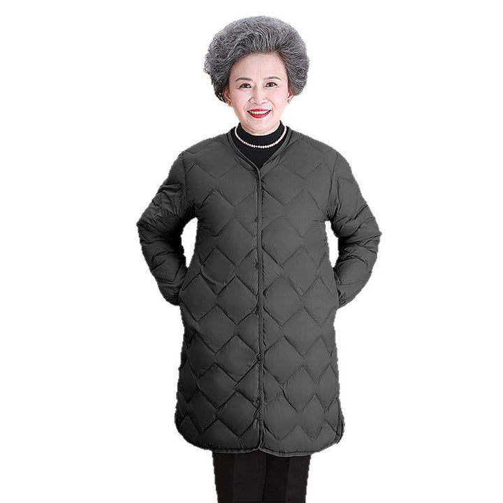Women’s collarless long quilted thermal coat with diamond quilting Mune Fashion