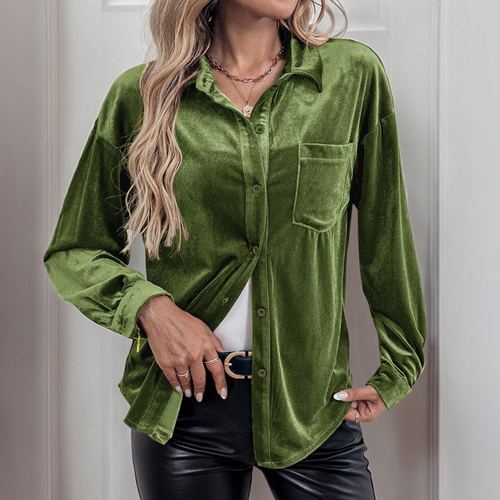 Women Elegant Velvet Blouse with Chest Pocket Mune Fashion