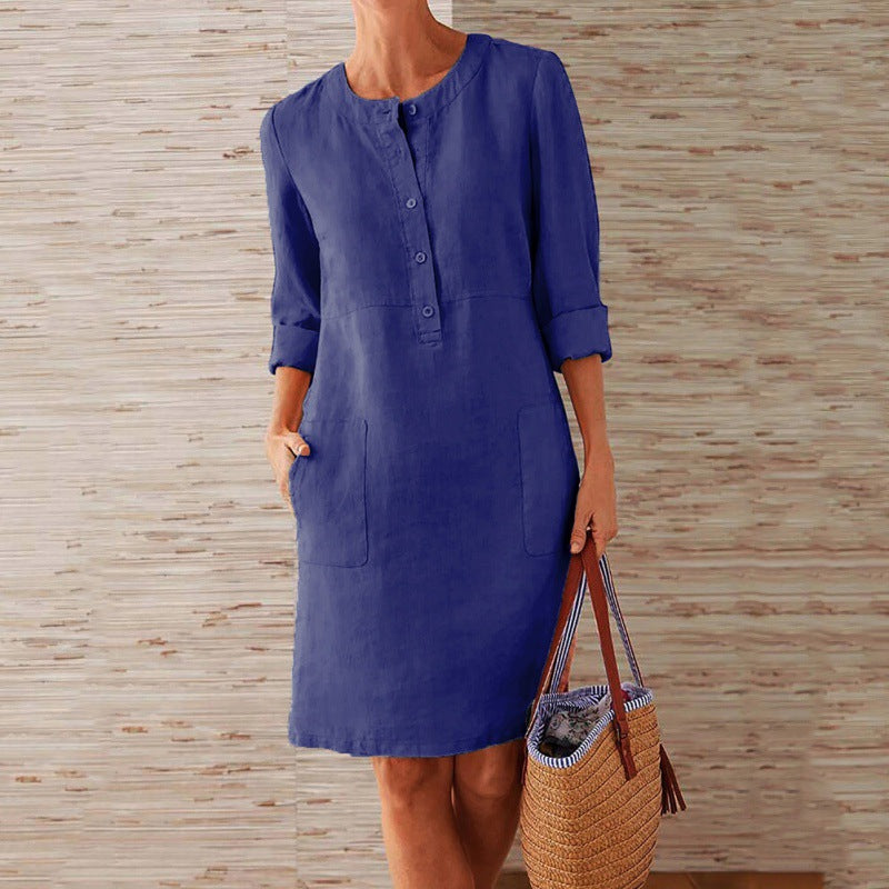 Women loose-fitting linen-look dress with three-quarter sleeves, button placket and side pockets Mune Fashion
