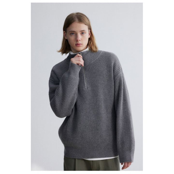 Men's Oversized Ribbed Half-Zip Sweater with Extended Sleeve and High Stand-Up Collar Mune Fashion