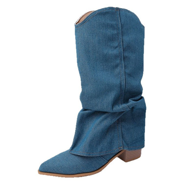 Ladies Mid-Calf Slouch Boots made of denim with pointed toe and mid-high block heel Mune Fashion